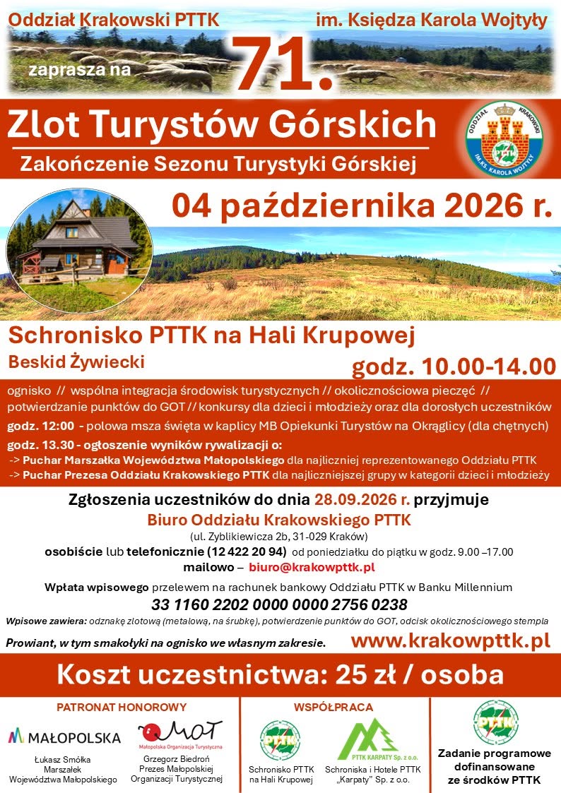 Wycieczka turystyczna na Halę Krupową  w ramach 71. Zlotu Turystów Górskich PTTK w dniu 4 października 2026 r.