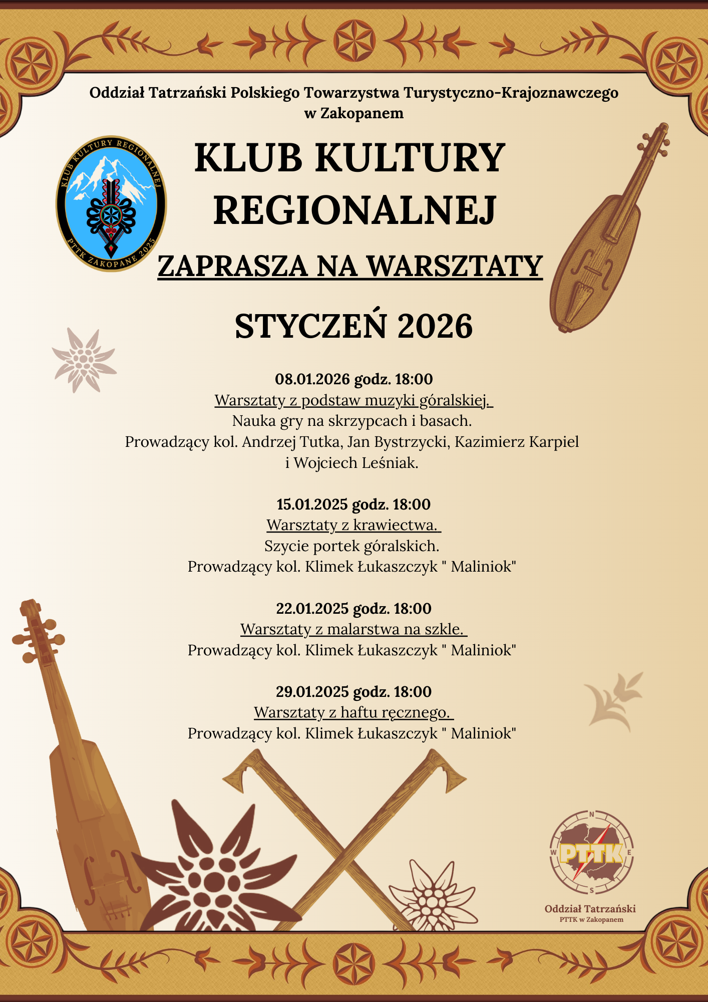 Klub Kultury Regionalnej PTTK - zajęcia w styczniu 2026 r.