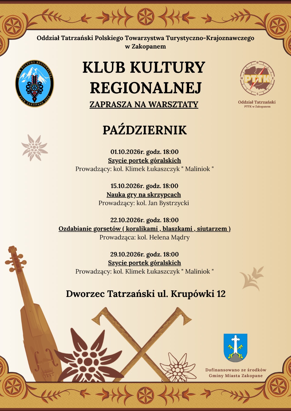 Klub Kultury Regionalnej PTTK - zajęcia w październkiu 2026 roku.
