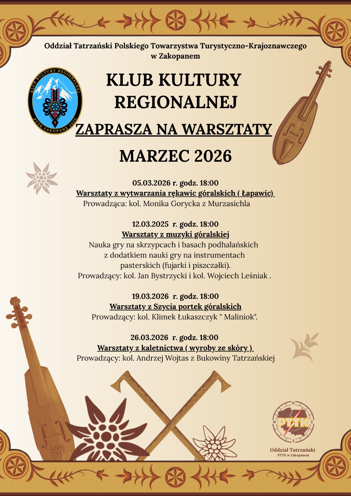 Klub Kultury Regionalnej PTTK - zajęcia w marcu 2026 r.